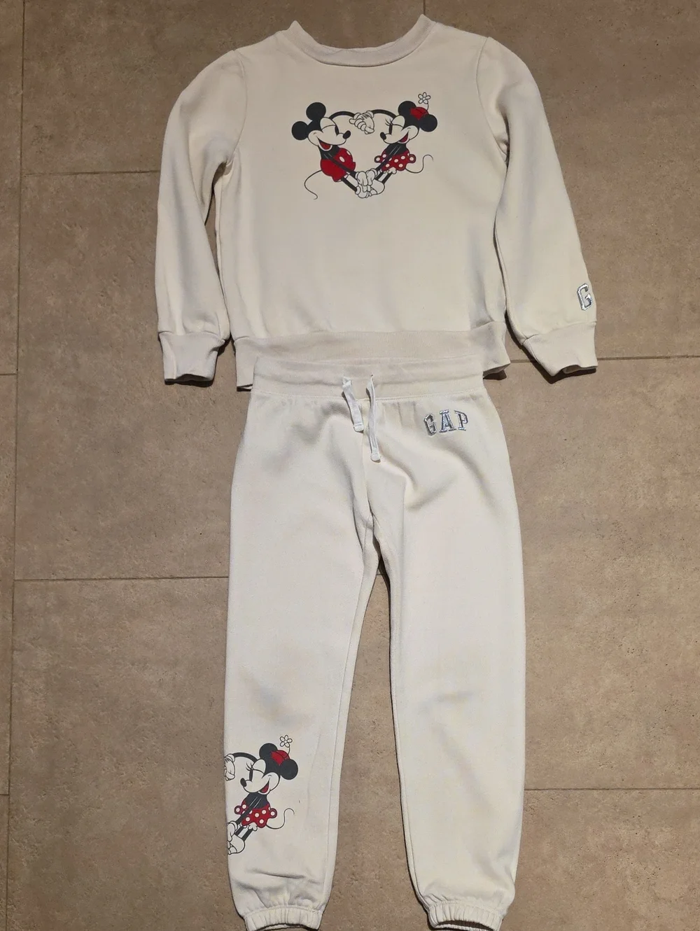 GAP Kids Disney Cream Sweatpants & Hoodie Set with Mickey & Minnie. Size S